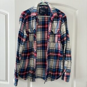 American Eagle Outfitters Men's Red, Blue, and White Plaid Shirt